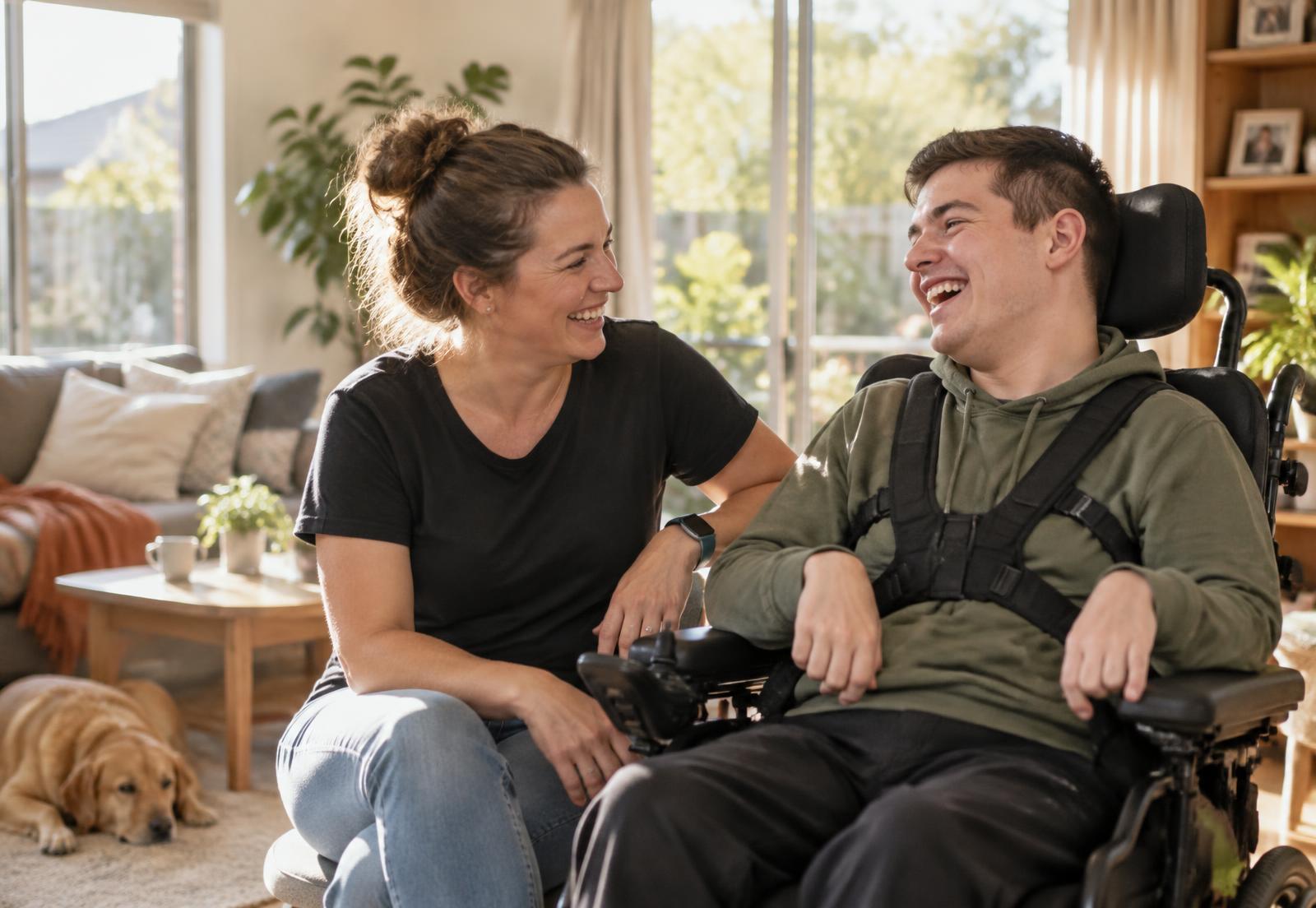 A support worker laughing with a young man in a wheelchair at home